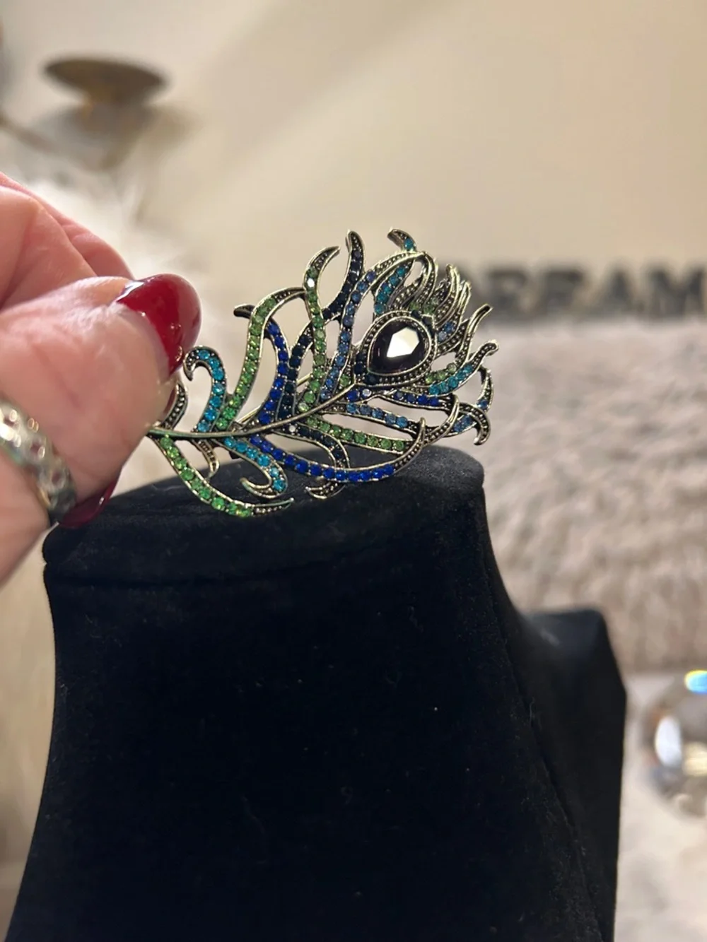 Peacock Feather Crystal Brooch - Blue & Green - Picture 3 of 6
